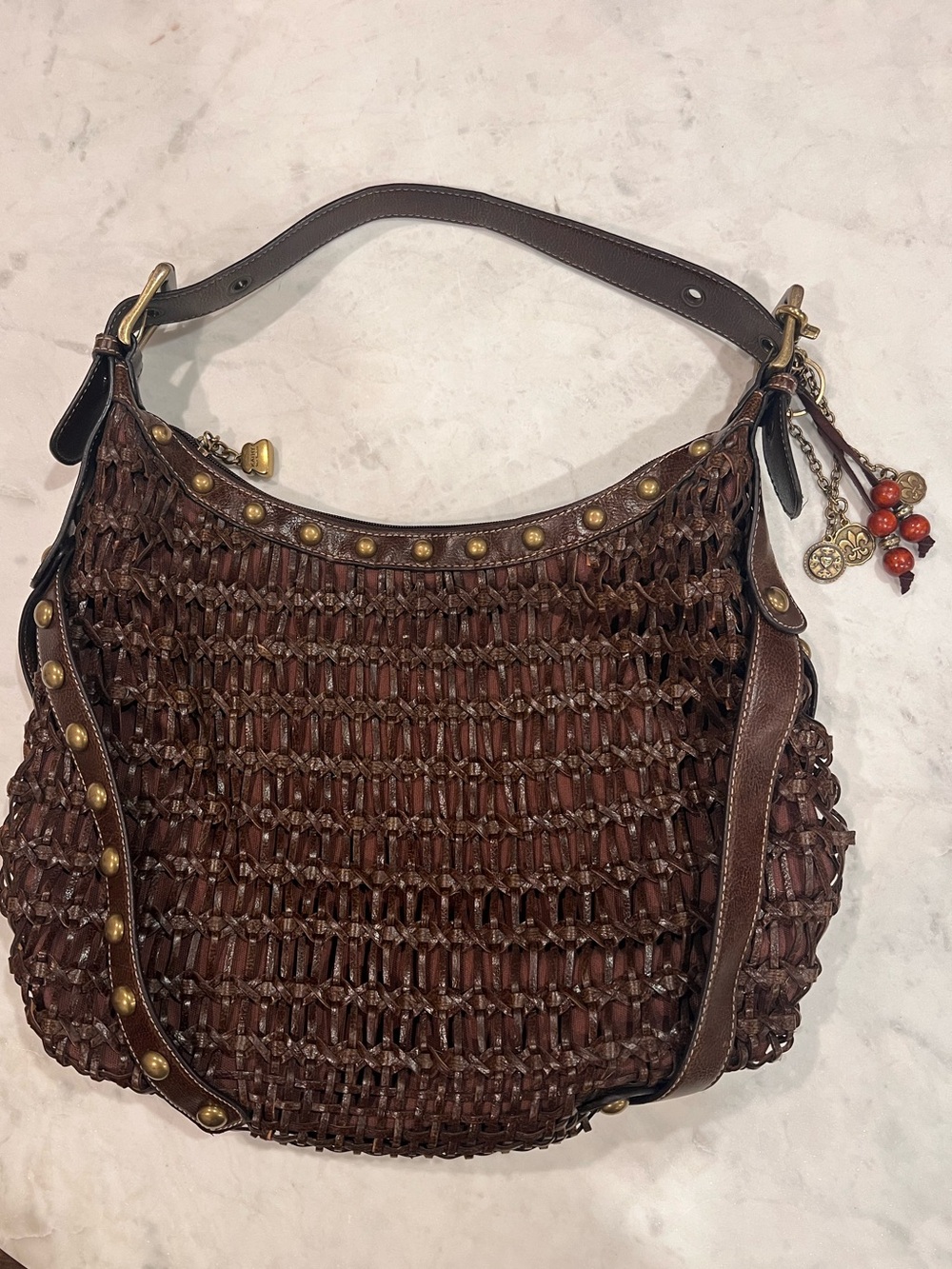 Kathy Van Zeeland Brown Woven Hobo Bag Boho Studded Shoulder Bag Large
